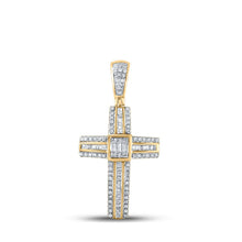 Load image into Gallery viewer, 10kt Yellow Gold Baguette and Round Diamond Cross Pendant for Men - 1/2 Ct.t.w. Top view from the 10Kt Yellow Gold Mens Baguette Diamond Cross Charm Pendant 1 2 Cttwpin286935 collection by Splendid Jewellery