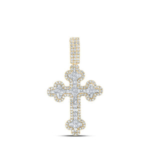 Men's Diamond Charm Pendant | 10kt Yellow Gold Mens Baguette Diamond Cross Charm Pendant 2 Cttw | Splendid Jewellery GND