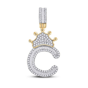 Men's Diamond Charm Pendant | 10kt Yellow Gold Mens Baguette Diamond Crown C Letter Charm Pendant 5/8 Cttw | Splendid Jewellery GND