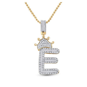 Men's Diamond Charm Pendant | 10kt Yellow Gold Mens Baguette Diamond Crown E Letter Charm Pendant 3/4 Cttw | Splendid Jewellery GND