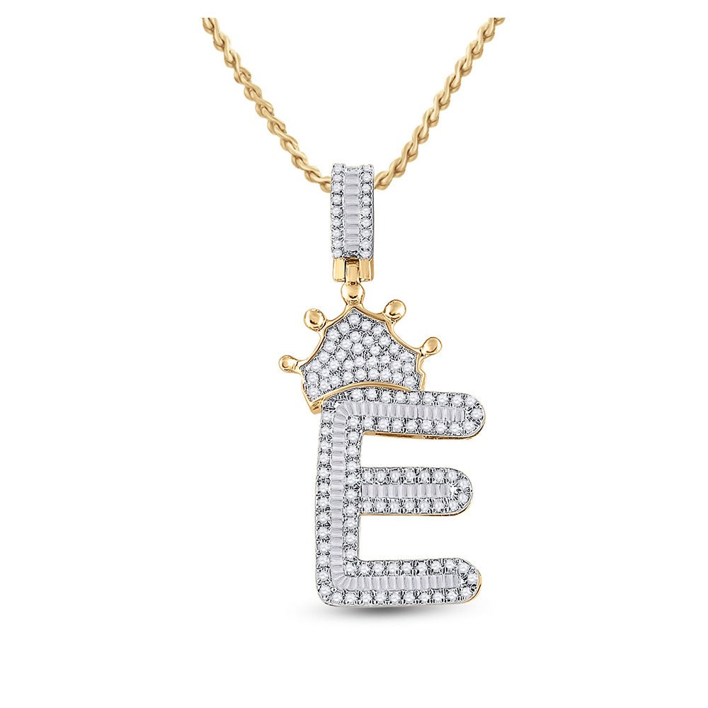 Men's Diamond Charm Pendant | 10kt Yellow Gold Mens Baguette Diamond Crown E Letter Charm Pendant 3/4 Cttw | Splendid Jewellery GND