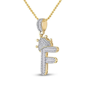 Men's Diamond Charm Pendant | 10kt Yellow Gold Mens Baguette Diamond Crown F Letter Charm Pendant 5/8 Cttw | Splendid Jewellery GND