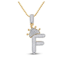 Load image into Gallery viewer, 10kt Yellow Gold Men&#39;s Baguette Diamond Crown F Letter Charm Pendant 5/8 Cttw - Majestic King&#39;s Diamond Pendant Top view from the 10Kt Yellow Gold Mens Baguette Diamond Crown F Letter Charm Pendant 5 8 Cttwpin284881 collection by Splendid Jewellery