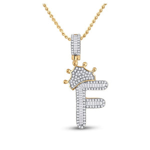 Men's Diamond Charm Pendant | 10kt Yellow Gold Mens Baguette Diamond Crown F Letter Charm Pendant 5/8 Cttw | Splendid Jewellery GND