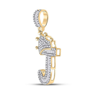 Men's Diamond Charm Pendant | 10kt Yellow Gold Mens Baguette Diamond Crown J Letter Charm Pendant 1/2 Cttw | Splendid Jewellery GND