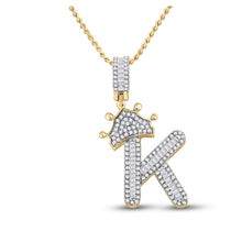 Load image into Gallery viewer, 10kt Yellow Gold Men&#39;s Baguette Diamond Crown K Letter Charm Pendant 5/8 Cttw Top view from the 10Kt Yellow Gold Mens Baguette Diamond Crown K Letter Charm Pendant 5 8 Cttwpin284812 collection by Splendid Jewellery