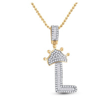 Load image into Gallery viewer, 10kt Yellow Gold Men&#39;s Baguette Diamond Crown L Letter Charm Pendant 1/2 Cttw Top view from the 10Kt Yellow Gold Mens Baguette Diamond Crown L Letter Charm Pendant 1 2 Cttwpin284817 collection by Splendid Jewellery