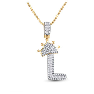 Men's Diamond Charm Pendant | 10kt Yellow Gold Mens Baguette Diamond Crown L Letter Charm Pendant 1/2 Cttw | Splendid Jewellery GND