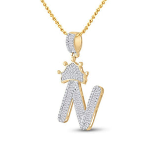 Men's Diamond Charm Pendant | 10kt Yellow Gold Mens Baguette Diamond Crown N Letter Charm Pendant 3/4 Cttw | Splendid Jewellery GND