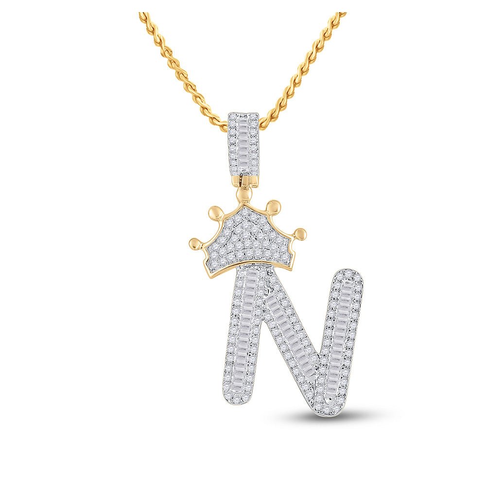 Men's Diamond Charm Pendant | 10kt Yellow Gold Mens Baguette Diamond Crown N Letter Charm Pendant 3/4 Cttw | Splendid Jewellery GND