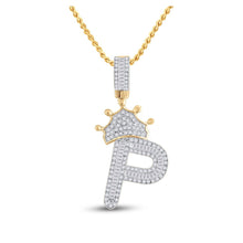 Load image into Gallery viewer, 10kt Yellow Gold Men&#39;s Baguette Diamond Crown P Letter Charm Pendant - 5/8 Cttw Top view from the 10Kt Yellow Gold Mens Baguette Diamond Crown P Letter Charm Pendant 5 8 Cttwpin284811 collection by Splendid Jewellery