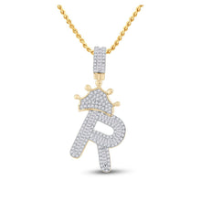 Load image into Gallery viewer, 10kt Yellow Gold Men&#39;s Baguette Diamond Crown R Letter Charm Pendant 3/4 Cttw - A Majestic Statement Piece Top view from the 10Kt Yellow Gold Mens Baguette Diamond Crown R Letter Charm Pendant 3 4 Cttwpin284819 collection by Splendid Jewellery