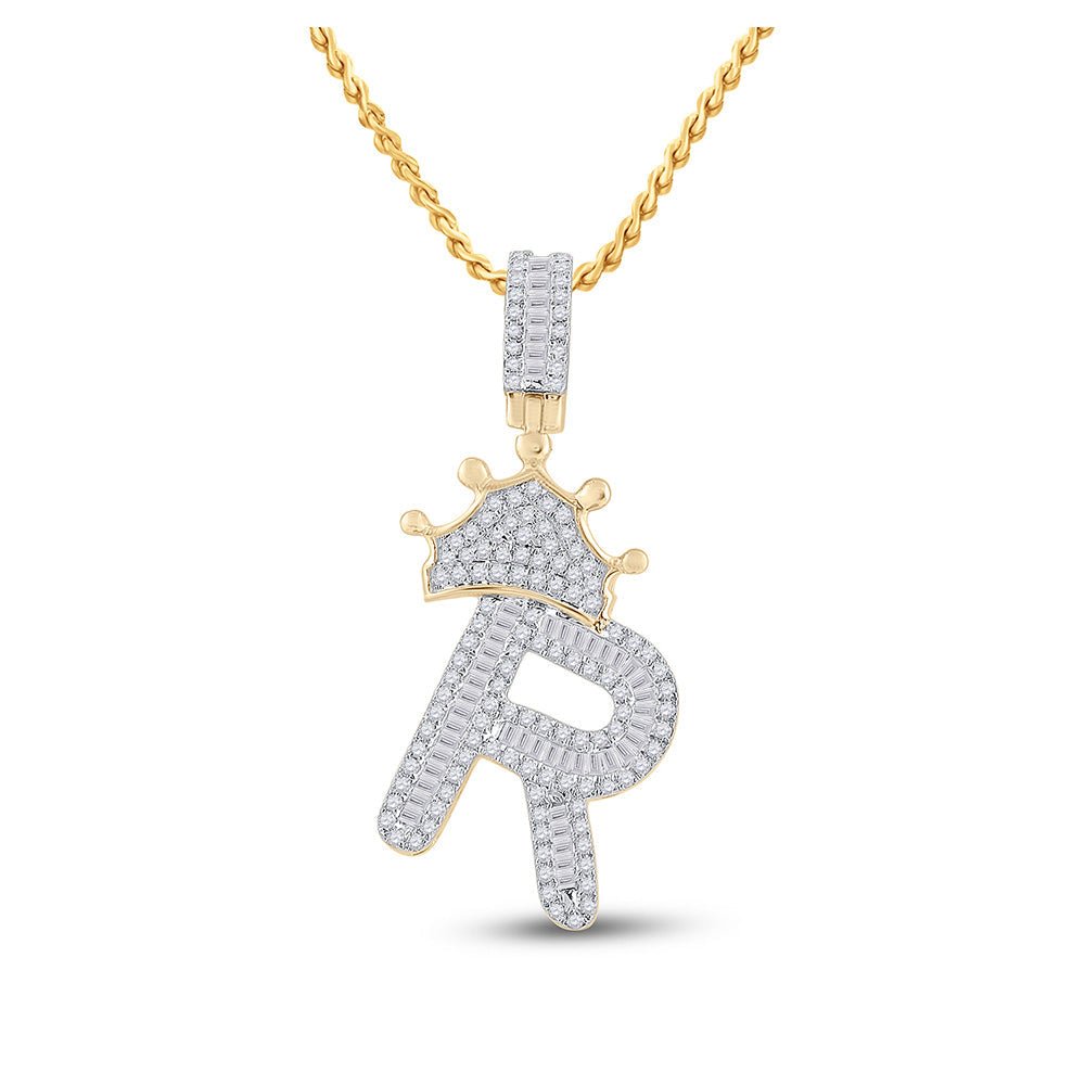 Men's Diamond Charm Pendant | 10kt Yellow Gold Mens Baguette Diamond Crown R Letter Charm Pendant 3/4 Cttw | Splendid Jewellery GND