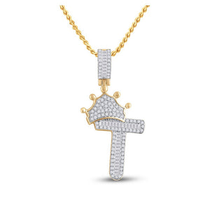 Men's Diamond Charm Pendant | 10kt Yellow Gold Mens Baguette Diamond Crown T Letter Charm Pendant 1/2 Cttw | Splendid Jewellery GND