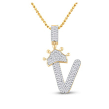 Load image into Gallery viewer, 10kt Yellow Gold Men&#39;s Baguette Diamond Crown V Letter Charm Pendant - 5/8 Cttw | Splendid Jewellery Top view from the 10Kt Yellow Gold Mens Baguette Diamond Crown V Letter Charm Pendant 5 8 Cttwpin284837 collection by Splendid Jewellery