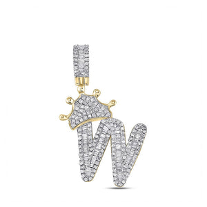 Men's Diamond Charm Pendant | 10kt Yellow Gold Mens Baguette Diamond Crown W Letter Charm Pendant 7/8 Cttw | Splendid Jewellery GND