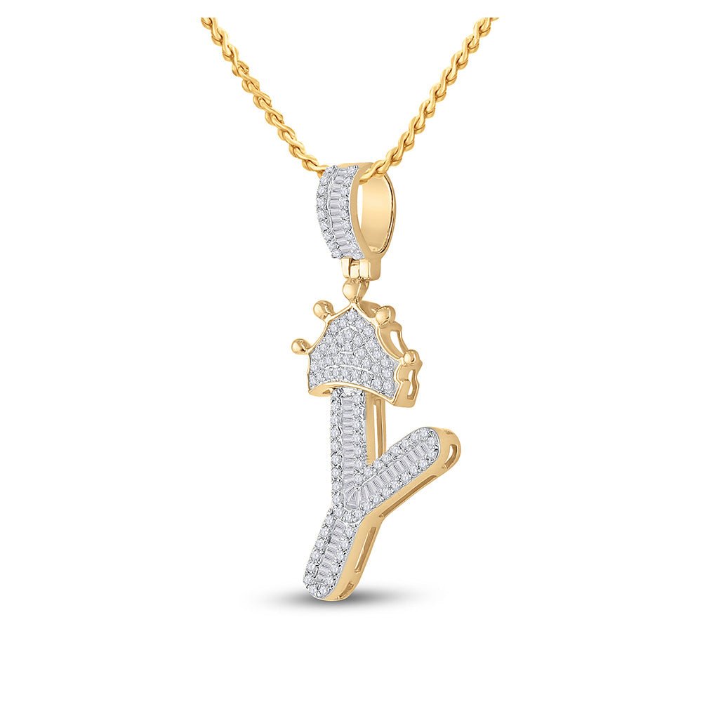 Men's Diamond Charm Pendant | 10kt Yellow Gold Mens Baguette Diamond Crown Y Letter Charm Pendant 1/2 Cttw | Splendid Jewellery GND