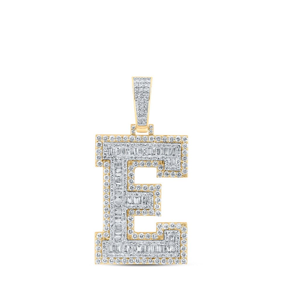 Men's Diamond Charm Pendant | 10kt Yellow Gold Mens Baguette Diamond E Initial Letter Charm Pendant 3-1/3 Cttw | Splendid Jewellery GND