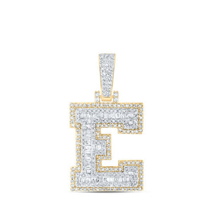 Men's Diamond Charm Pendant | 10kt Yellow Gold Mens Baguette Diamond E Initial Letter Charm Pendant 3/4 Cttw | Splendid Jewellery GND