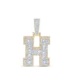 Men's Diamond Charm Pendant | 10kt Yellow Gold Mens Baguette Diamond H Initial Letter Charm Pendant 5/8 Cttw | Splendid Jewellery GND