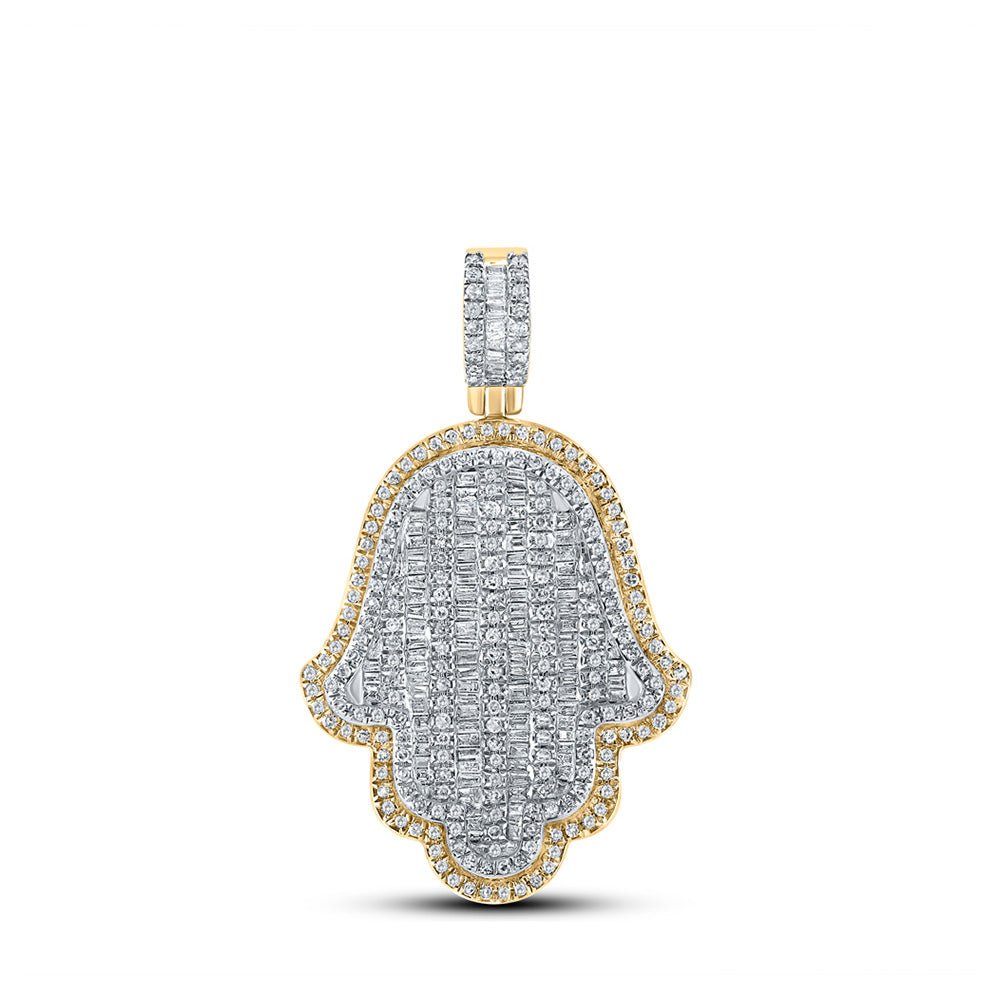 Men's Diamond Charm Pendant | 10kt Yellow Gold Mens Baguette Diamond Hamsa Charm Pendant 1-1/3 Cttw | Splendid Jewellery GND