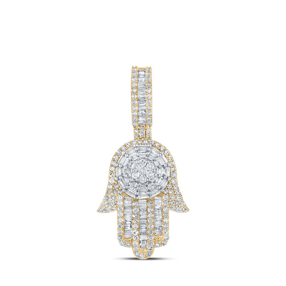 Men's Diamond Charm Pendant | 10kt Yellow Gold Mens Baguette Diamond Hamsa Charm Pendant 1-5/8 Cttw | Splendid Jewellery GND