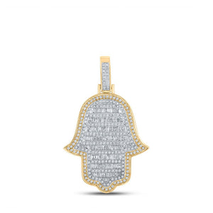 Men's Diamond Charm Pendant | 10kt Yellow Gold Mens Baguette Diamond Hamsa Charm Pendant 1-5/8 Cttw | Splendid Jewellery GND