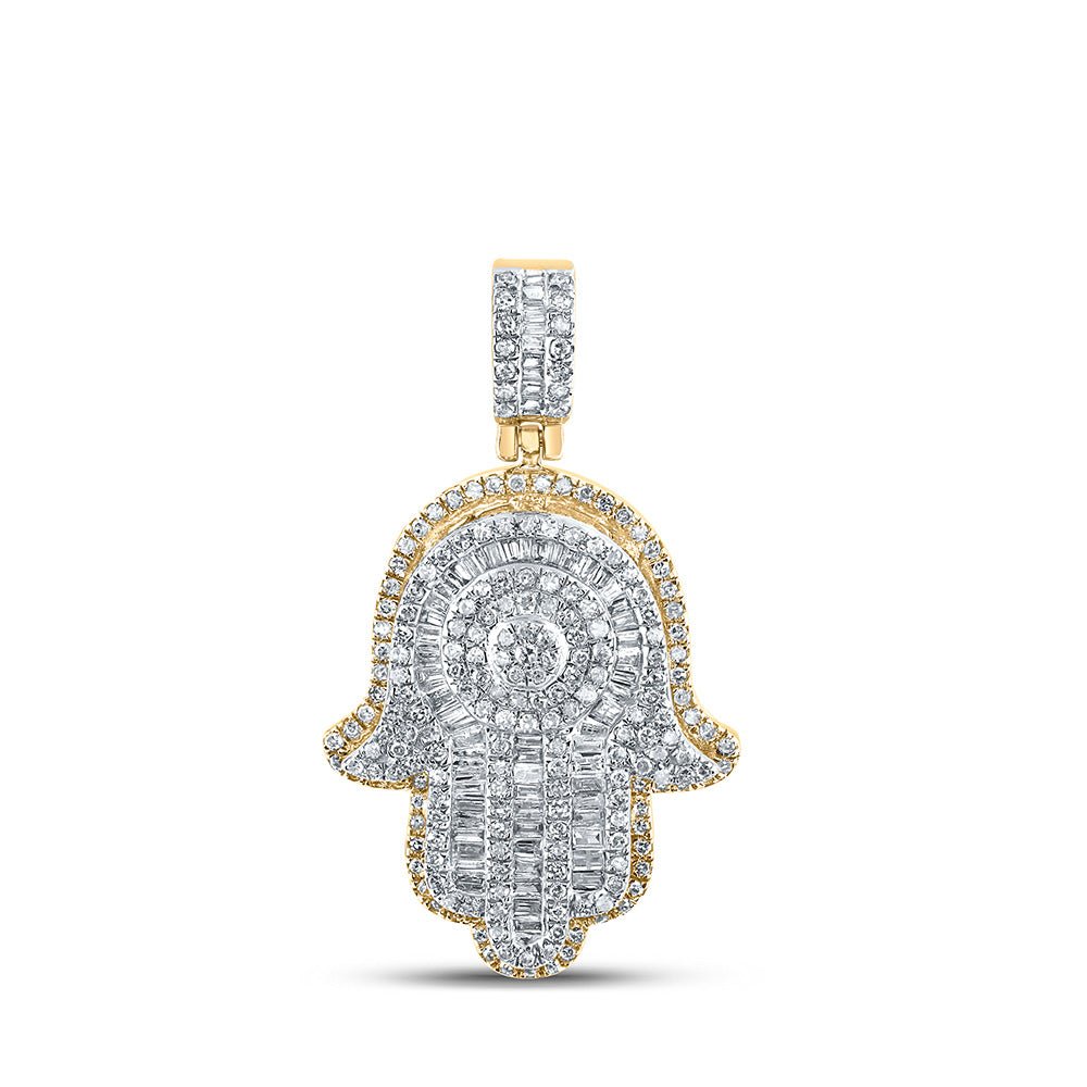 Men's Diamond Charm Pendant | 10kt Yellow Gold Mens Baguette Diamond Hamsa Charm Pendant 1 Cttw | Splendid Jewellery GND