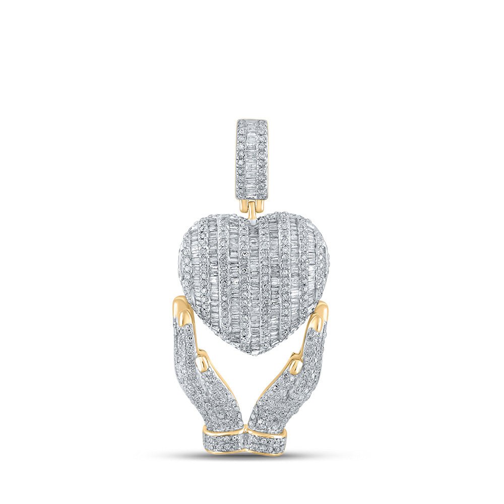 Men's Diamond Charm Pendant | 10kt Yellow Gold Mens Baguette Diamond Heart Hands Charm Pendant 1-3/4 Cttw | Splendid Jewellery GND