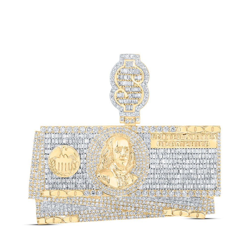 Men's Diamond Charm Pendant | 10kt Yellow Gold Mens Baguette Diamond Hundred Dollar Bill Money Charm Pendant 6-7/8 Cttw | Splendid Jewellery GND