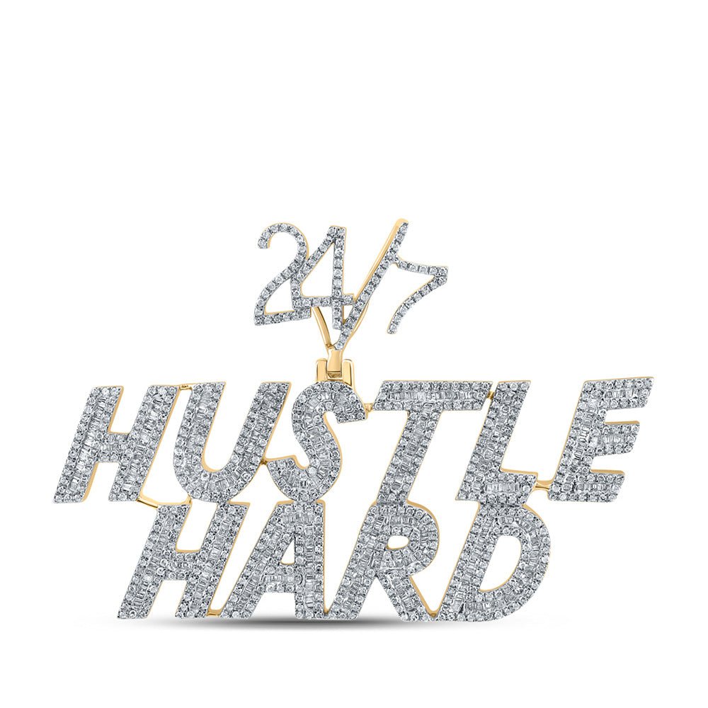 Men's Diamond Charm Pendant | 10kt Yellow Gold Mens Baguette Diamond Hustle Hard 24 7 Charm Pendant 2-5/8 Cttw | Splendid Jewellery GND