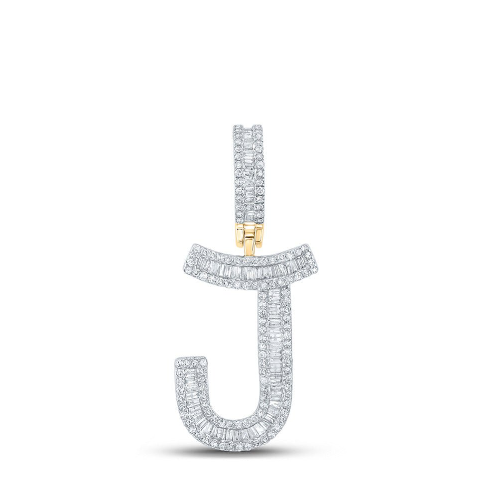 Men's Diamond Charm Pendant | 10kt Yellow Gold Mens Baguette Diamond Initial J Letter Charm Pendant 3/4 Cttw | Splendid Jewellery GND