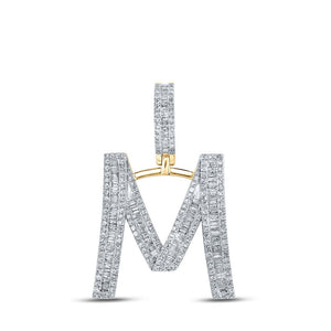 Men's Diamond Charm Pendant | 10kt Yellow Gold Mens Baguette Diamond Initial M Letter Charm Pendant 1 Cttw | Splendid Jewellery GND