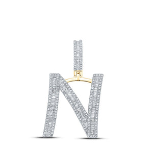 Men's Diamond Charm Pendant | 10kt Yellow Gold Mens Baguette Diamond Initial N Letter Charm Pendant 7/8 Cttw | Splendid Jewellery GND