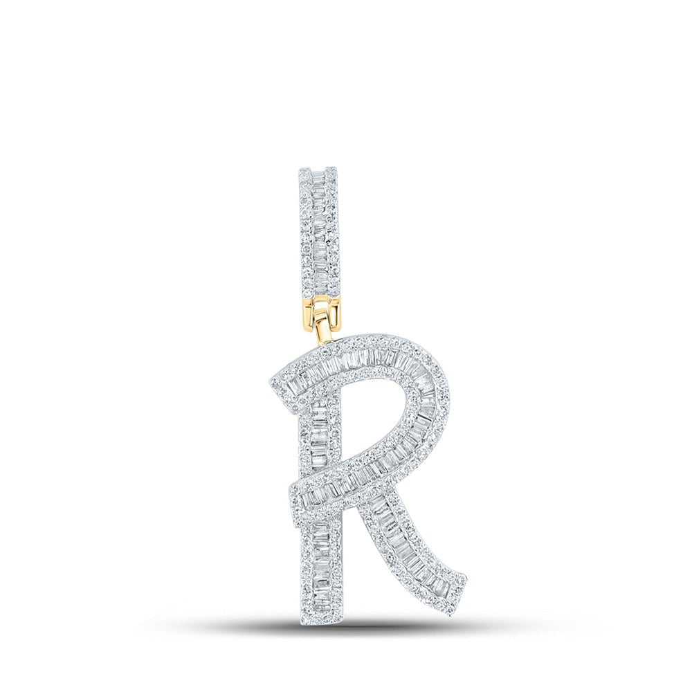 Men's Diamond Charm Pendant | 10kt Yellow Gold Mens Baguette Diamond Initial R Letter Charm Pendant 7/8 Cttw | Splendid Jewellery GND