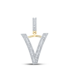 Men's Diamond Charm Pendant | 10kt Yellow Gold Mens Baguette Diamond Initial V Letter Charm Pendant 3/4 Cttw | Splendid Jewellery GND