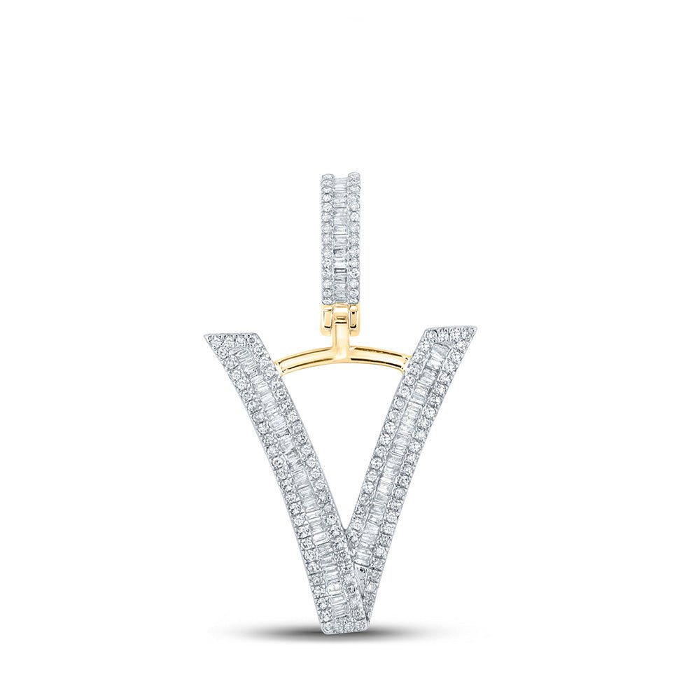 Men's Diamond Charm Pendant | 10kt Yellow Gold Mens Baguette Diamond Initial V Letter Charm Pendant 3/4 Cttw | Splendid Jewellery GND