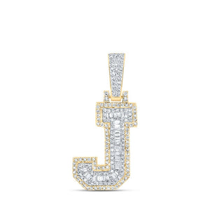 Men's Diamond Charm Pendant | 10kt Yellow Gold Mens Baguette Diamond J Initial Letter Charm Pendant 1/2 Cttw | Splendid Jewellery GND