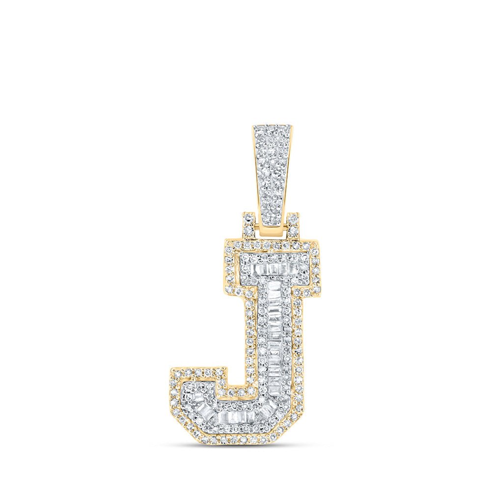 Men's Diamond Charm Pendant | 10kt Yellow Gold Mens Baguette Diamond J Initial Letter Charm Pendant 1/2 Cttw | Splendid Jewellery GND