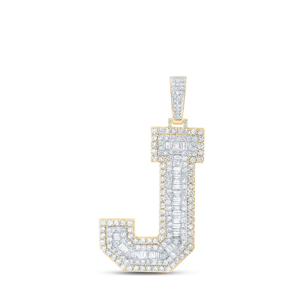 Men's Diamond Charm Pendant | 10kt Yellow Gold Mens Baguette Diamond J Initial Letter Charm Pendant 4-1/5 Cttw | Splendid Jewellery GND