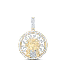 Load image into Gallery viewer, 10kt Yellow Gold Baguette Diamond Jesus Medallion Circle Charm Pendant - 2-3/4 Cttw Top view from the 10Kt Yellow Gold Mens Baguette Diamond Jesus Medallion Circle Charm Pendant 2 3 4 Cttwpin216887 collection by Splendid Jewellery