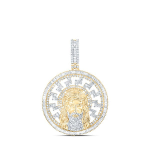 Men's Diamond Charm Pendant | 10kt Yellow Gold Mens Baguette Diamond Jesus Medallion Circle Charm Pendant 2-3/4 Cttw | Splendid Jewellery GND