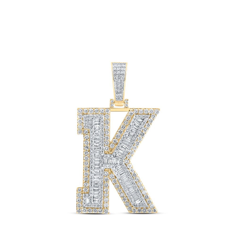 Men's Diamond Charm Pendant | 10kt Yellow Gold Mens Baguette Diamond K Initial Letter Charm Pendant 3 Cttw | Splendid Jewellery GND