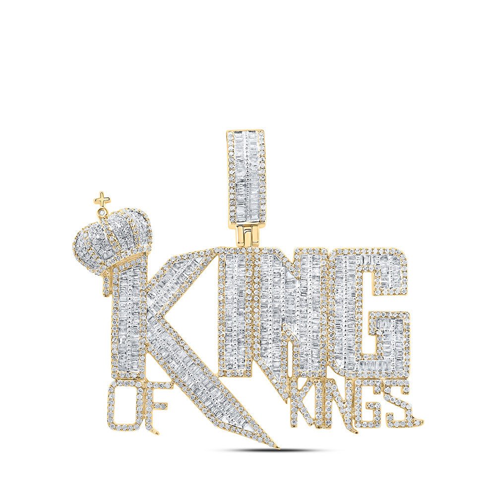 Men's Diamond Charm Pendant | 10kt Yellow Gold Mens Baguette Diamond KING OF KINGS Crown Charm Pendant 4 Cttw | Splendid Jewellery GND