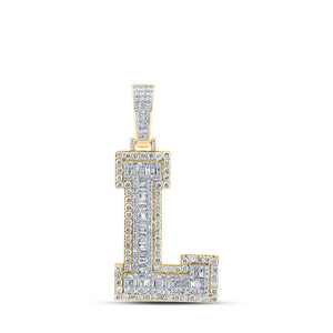 Men's Diamond Charm Pendant | 10kt Yellow Gold Mens Baguette Diamond L Initial Letter Charm Pendant 2-3/8 Cttw | Splendid Jewellery GND