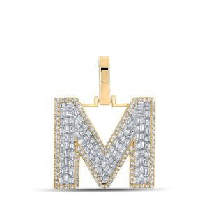 Men's Diamond Charm Pendant | 10kt Yellow Gold Mens Baguette Diamond M Initial Letter Charm Pendant 3/4 Cttw | Splendid Jewellery GND