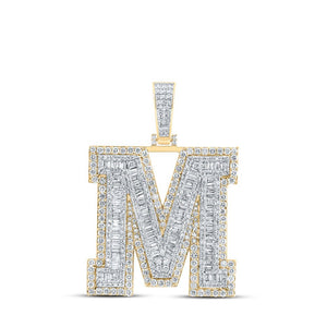 Men's Diamond Charm Pendant | 10kt Yellow Gold Mens Baguette Diamond M Initial Letter Charm Pendant 4-3/8 Cttw | Splendid Jewellery GND