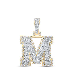 Men's Diamond Charm Pendant | 10kt Yellow Gold Mens Baguette Diamond M Initial Letter Charm Pendant 7/8 Cttw | Splendid Jewellery GND