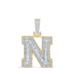 Men's Diamond Charm Pendant | 10kt Yellow Gold Mens Baguette Diamond N Initial Letter Charm Pendant 3/4 Cttw | Splendid Jewellery GND