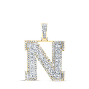 Men's Diamond Charm Pendant | 10kt Yellow Gold Mens Baguette Diamond N Initial Letter Charm Pendant 4 Cttw | Splendid Jewellery GND